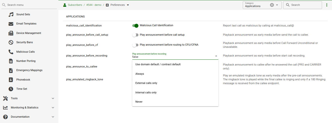 Setting Call Recording Announcement on Subscriber Preferences