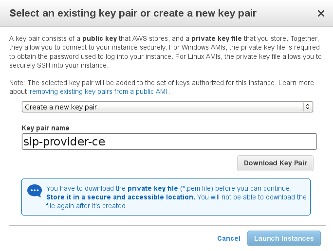 Choose key pair to access sip:provider CE