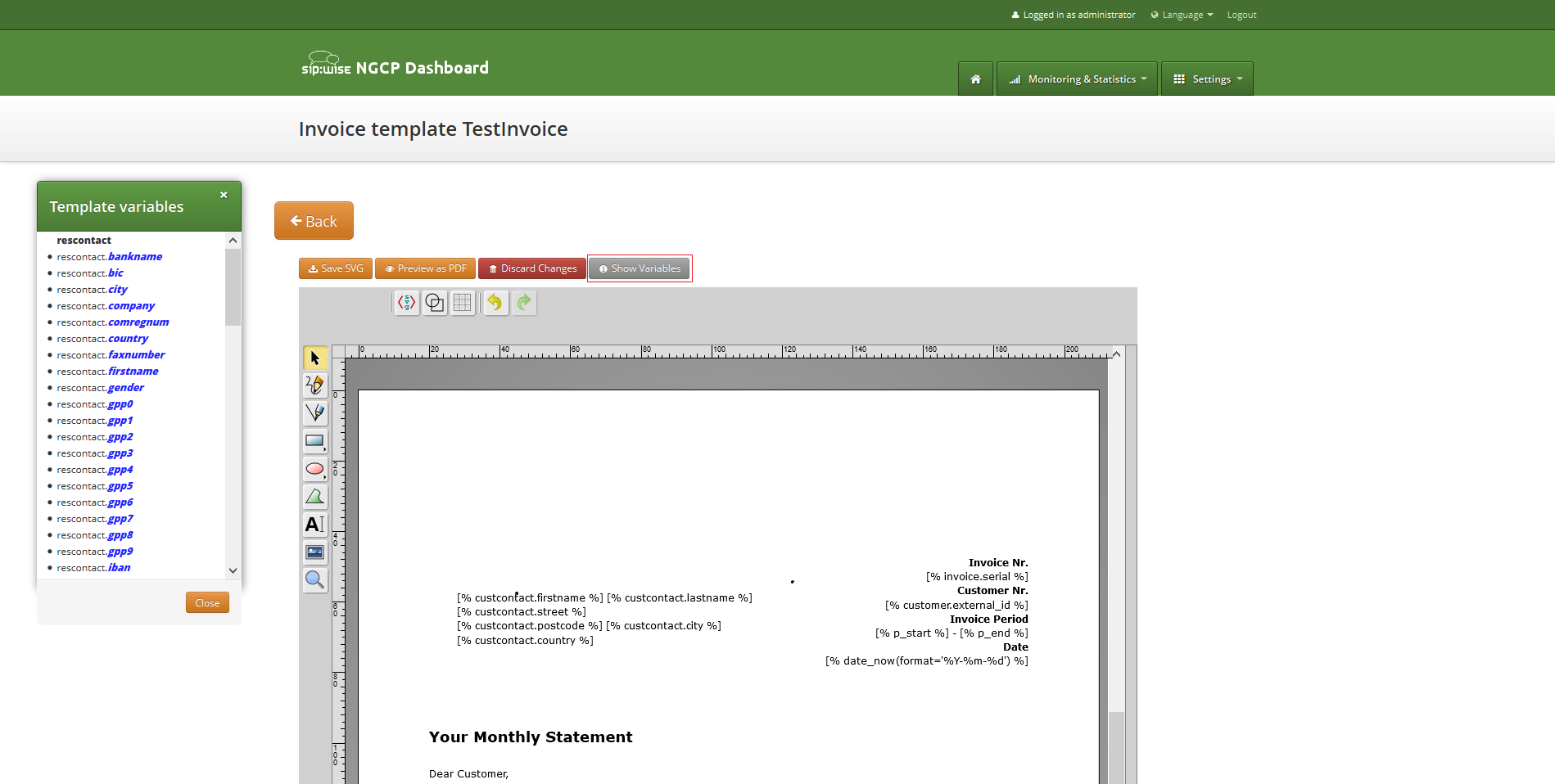 Invoice template available variables