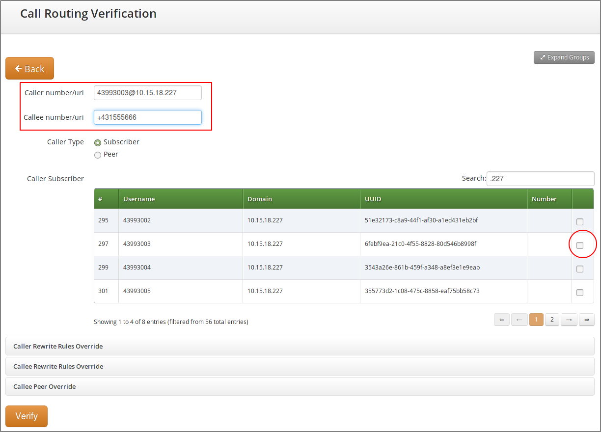 Call Routing Verif. - Number and URI - Input