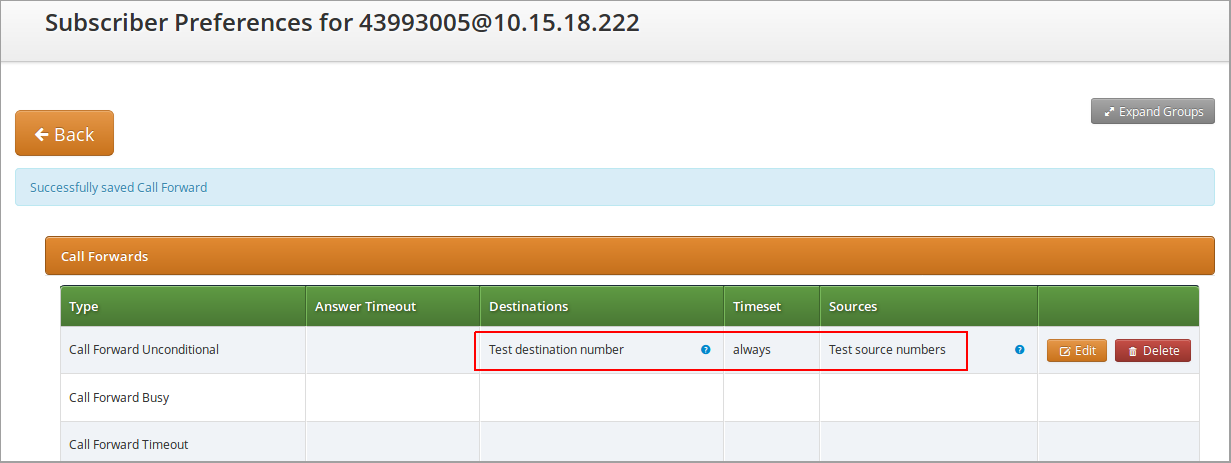 List of Call Forward with Source and Destination Sets