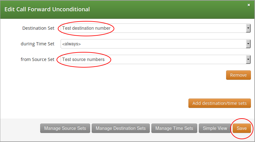 Definition of a Call Forward with Source and Destination Sets