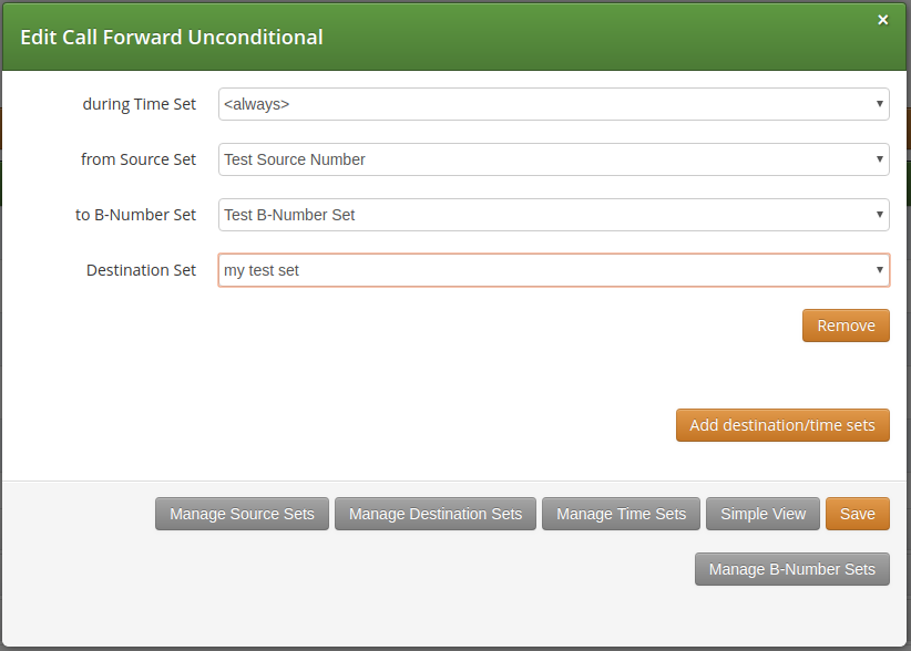 Definition of a Call Forward with Source and Destination Sets