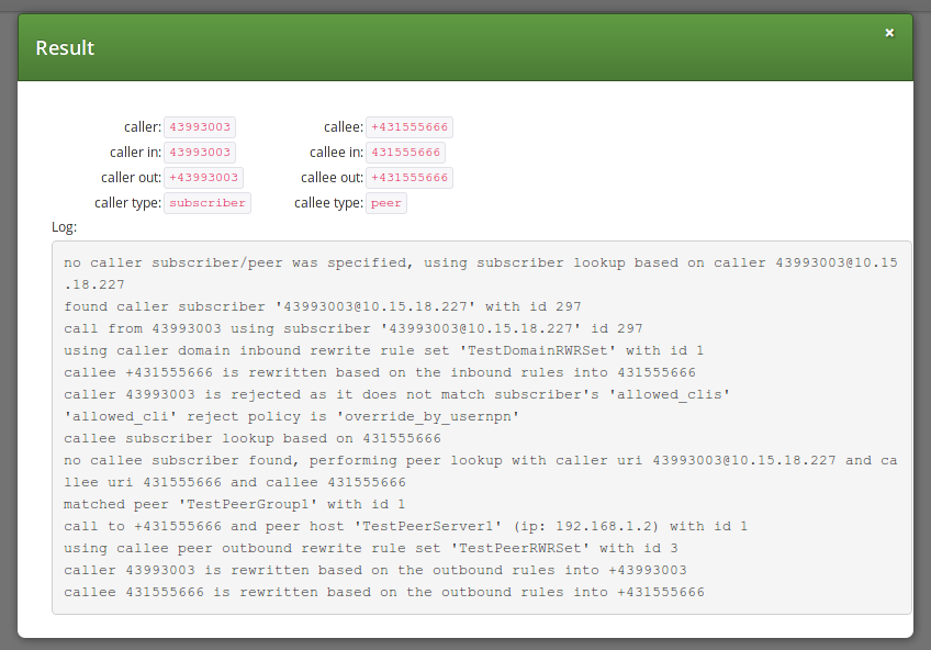 Call Routing Verif. - Number and URI - Result