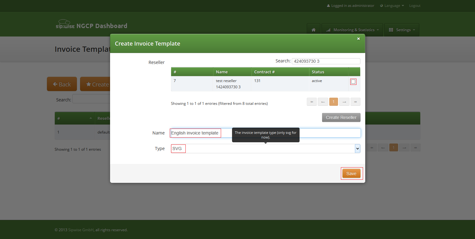 Invoice template creation form